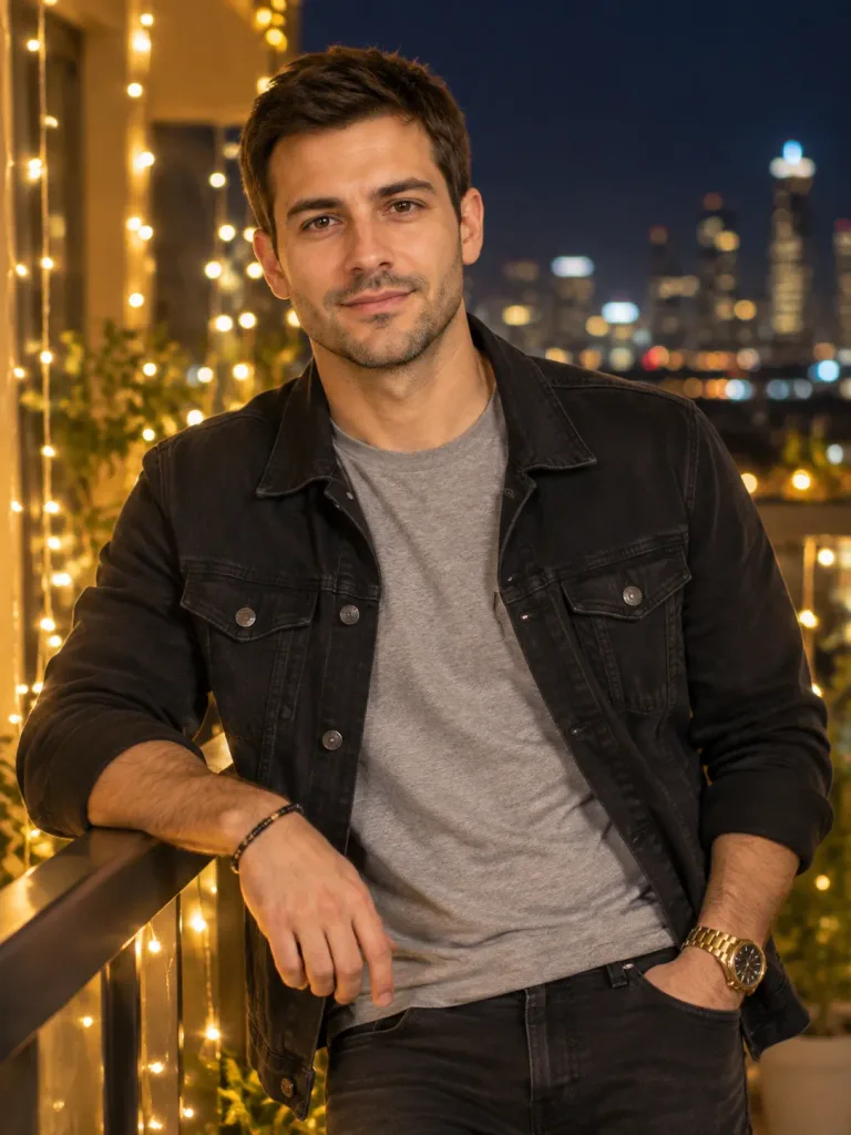 Night Balcony Portrait with Warm Bokeh