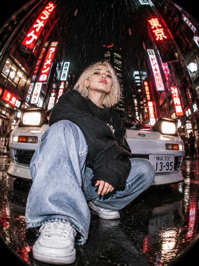 雨の東京ストリート魚眼フラッシュポートレート