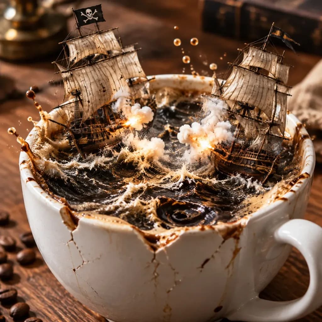 Miniatur-Piratenschlacht in Kaffeetasse