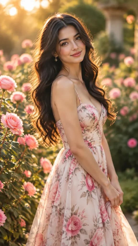 花園中的印花長裙女子