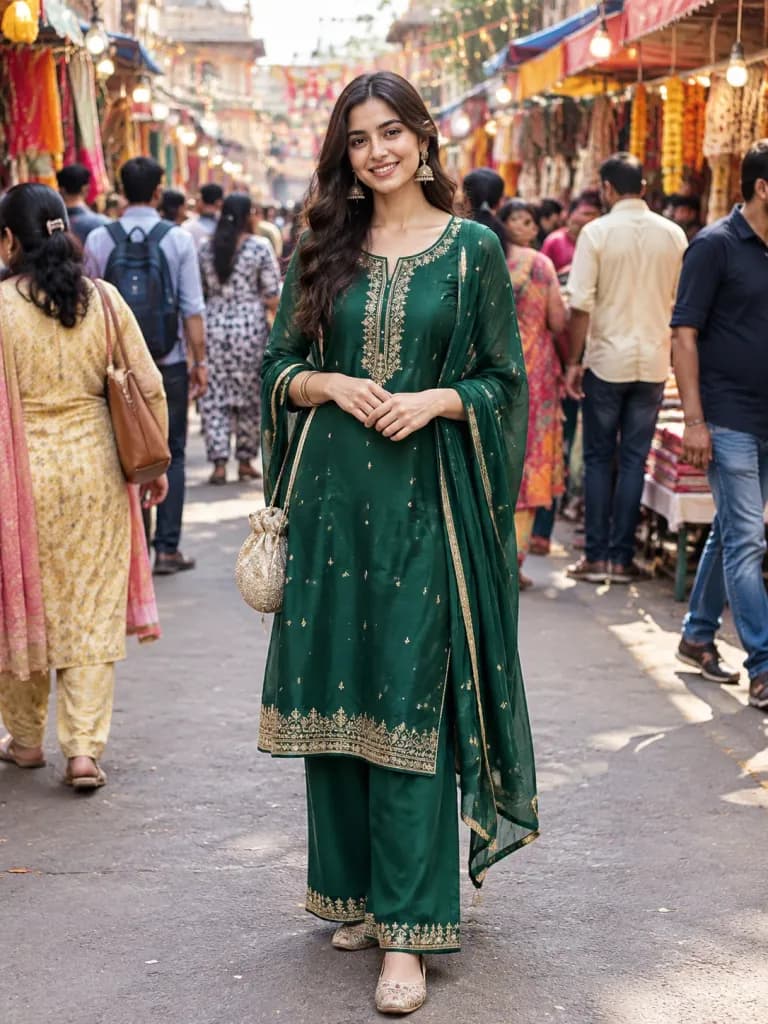 Woman in Indian Pant-Suit at Street Market