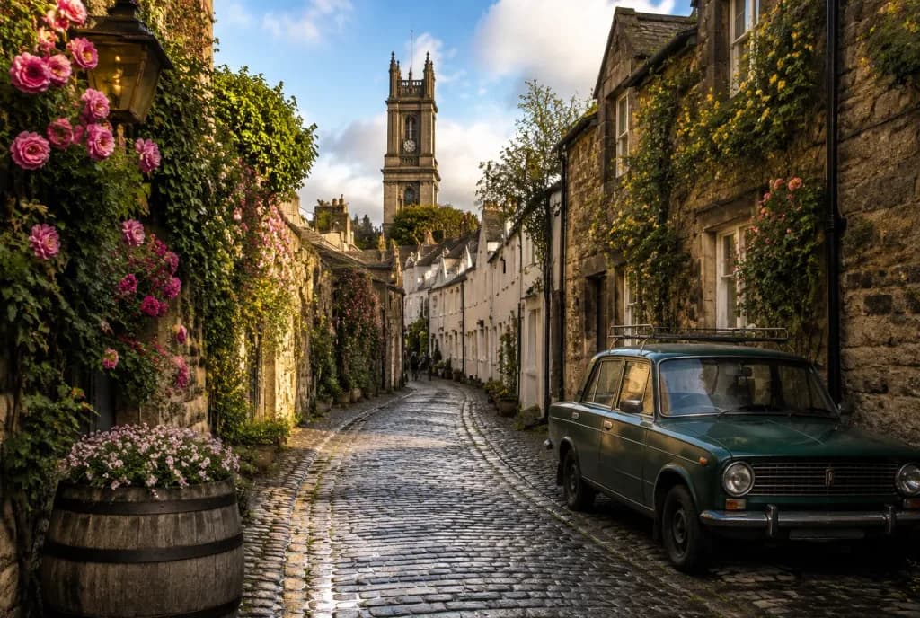 Edinburgh Circus Lane with Vintage Car