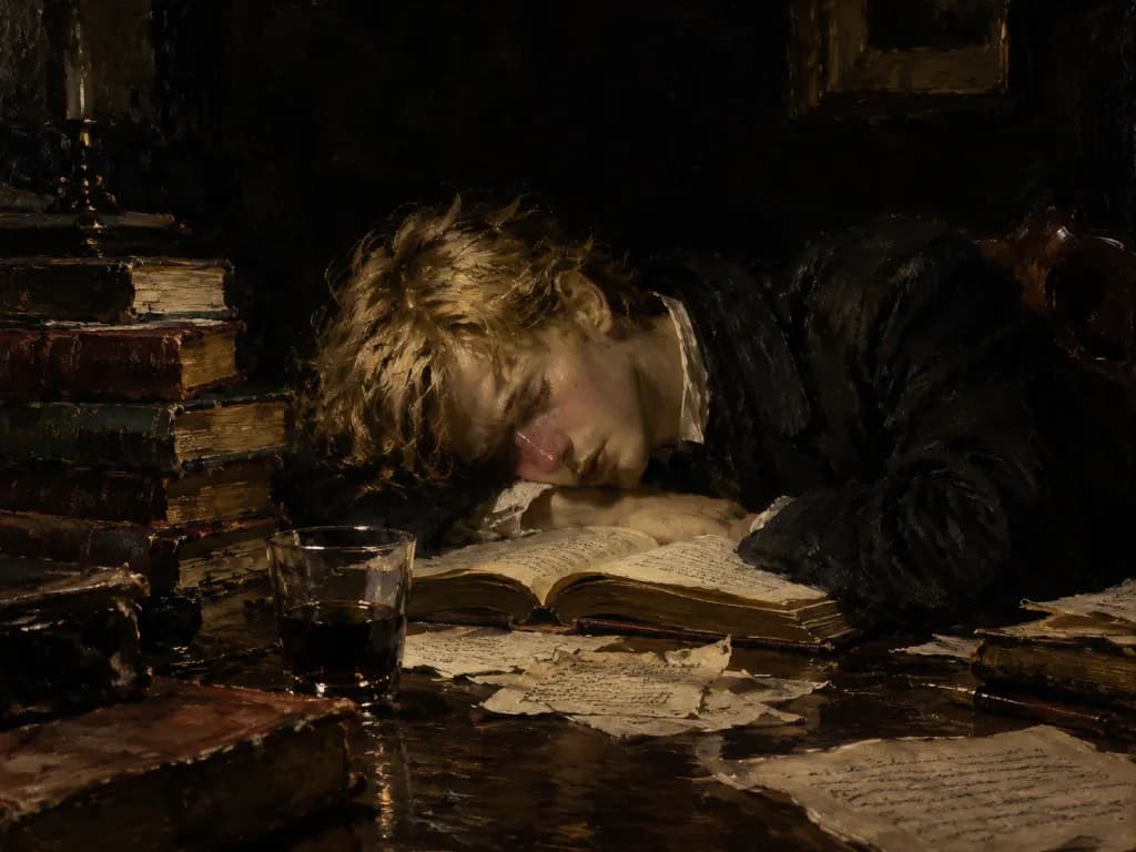 Dark Academia Scholar Sleeping at Desk