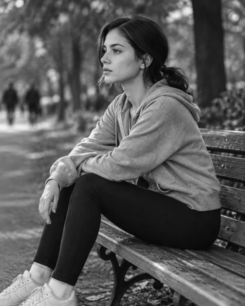 Cinematic Monochrome Park Bench Portrait