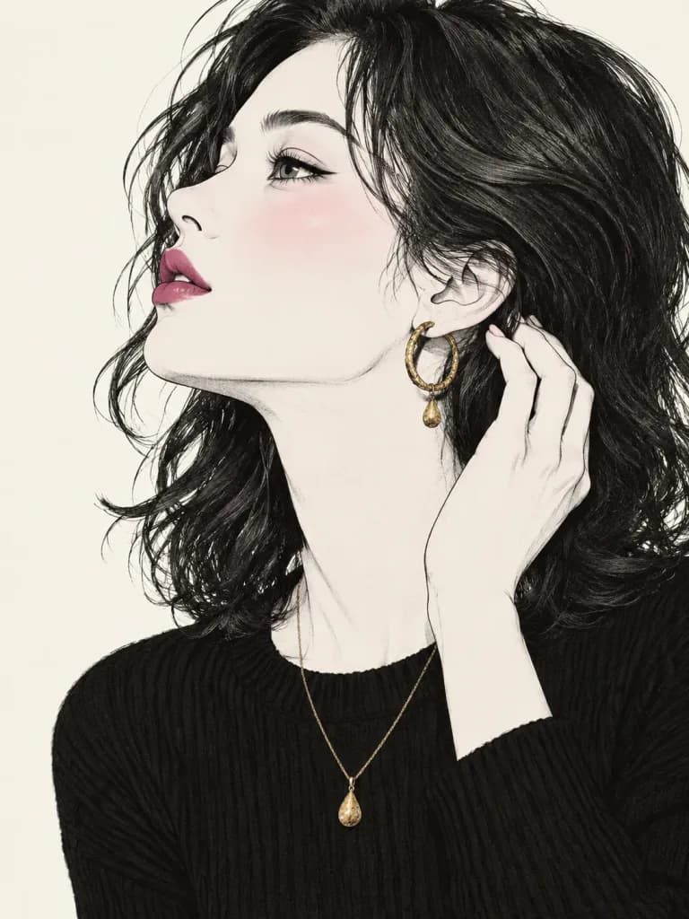 Minimalist Profile Line Art with Gold Jewelry