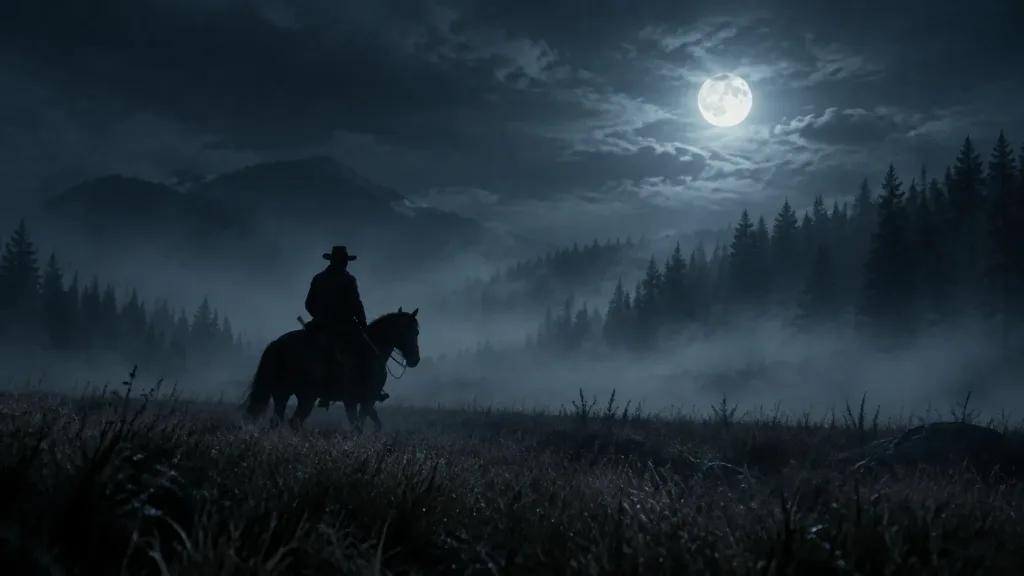 Silhouette Cowboy in Misty Moonlight