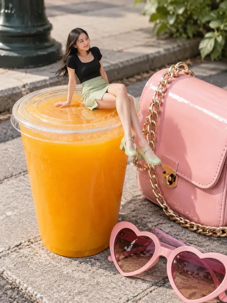 Mujer en miniatura sobre vaso gigante de zumo
