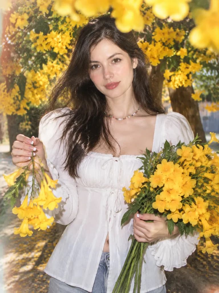 Flash Portrait With Blooming Yellow Flowers
