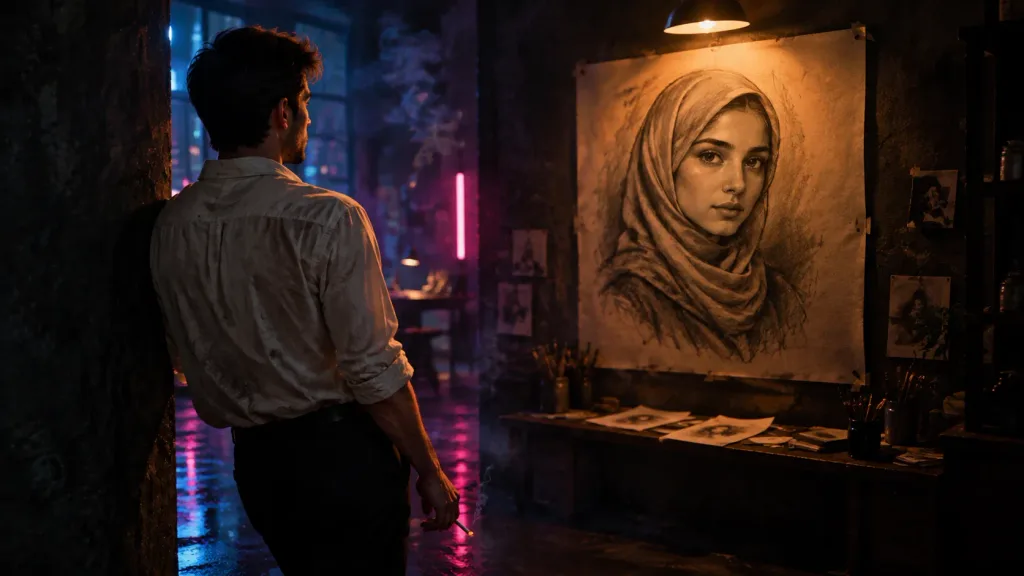 Neo-Noir Artist Gazing at Portrait