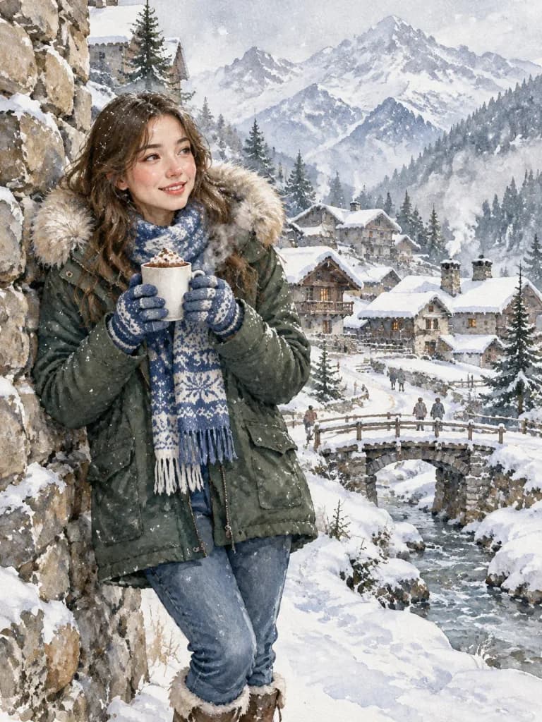 冬日高山雪景水彩插画