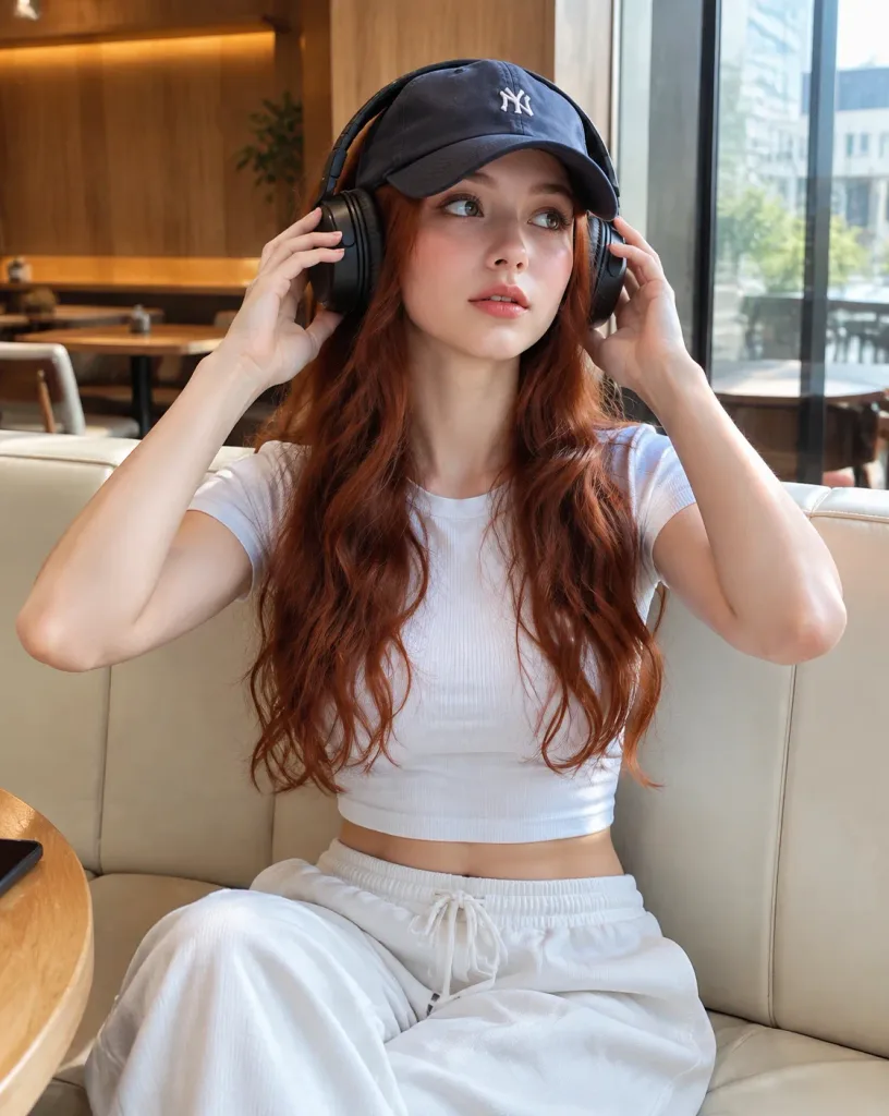 高級カフェでヘッドホンを着けた若い女性