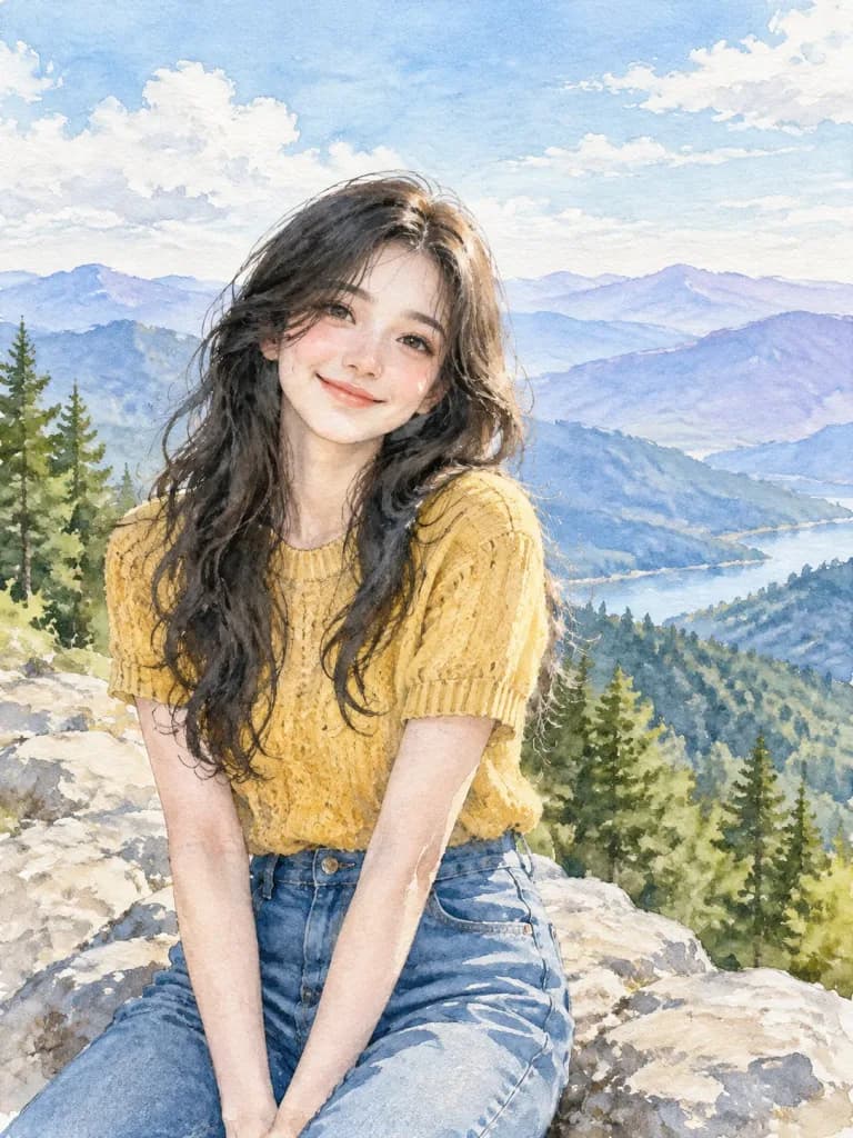 Watercolor Woman at Mountain Overlook