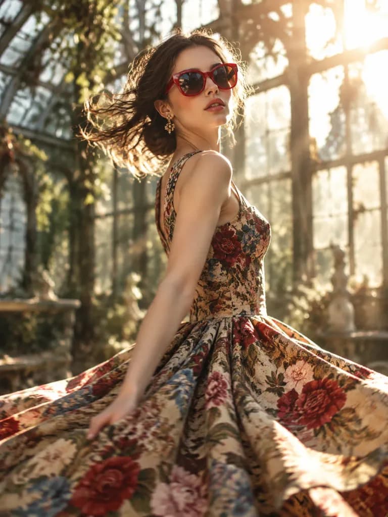 Spinning Fashion Model in Victorian Glasshouse