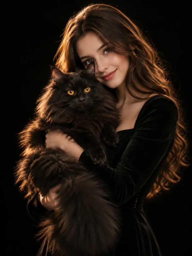 Studio Portrait with Black Cat and Rim Lighting