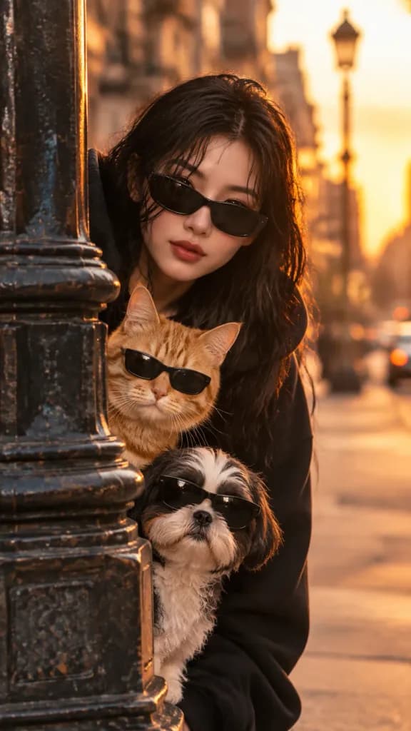 サングラスをかけた女性とペットのストリートポートレート