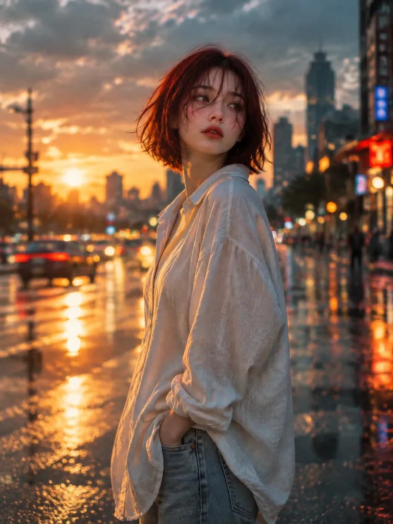 Golden Hour Rain Street Portrait
