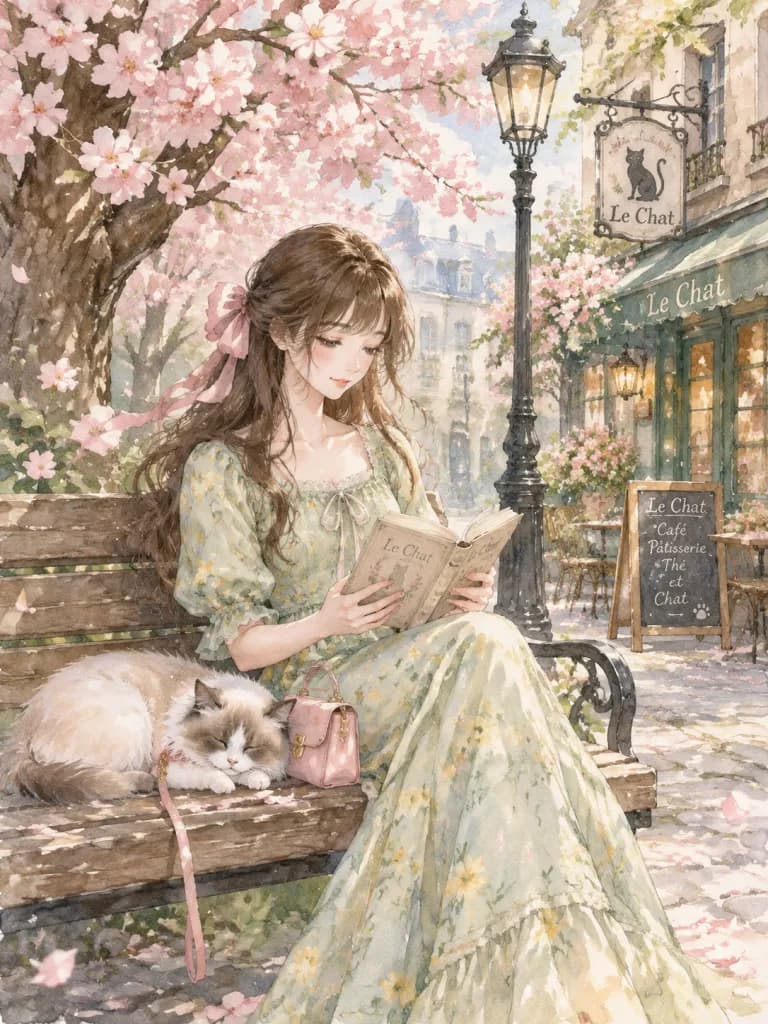 Watercolor Anime Girl Reading Under Blossoms