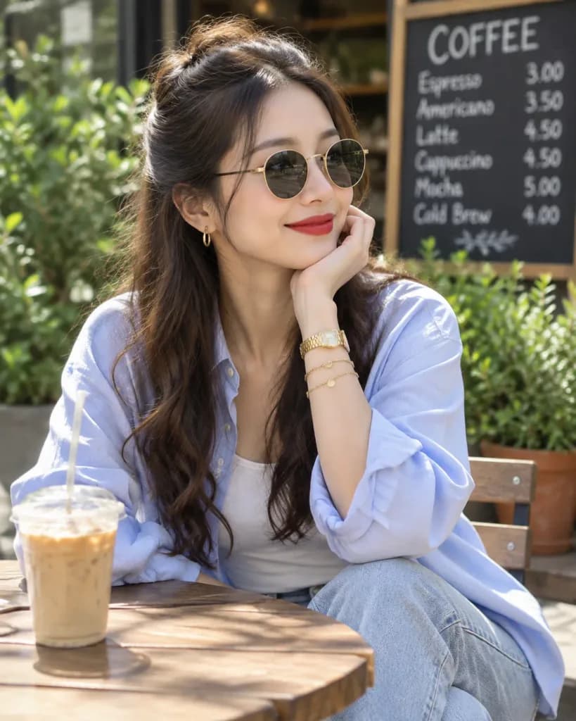 Femme chic à la terrasse d'un café