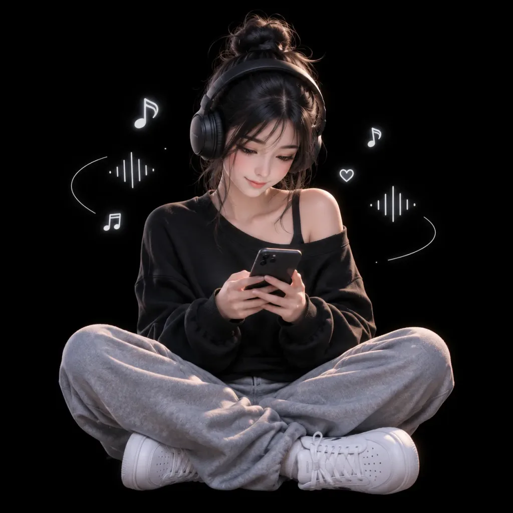 Girl with Headphones in Pitch Darkness