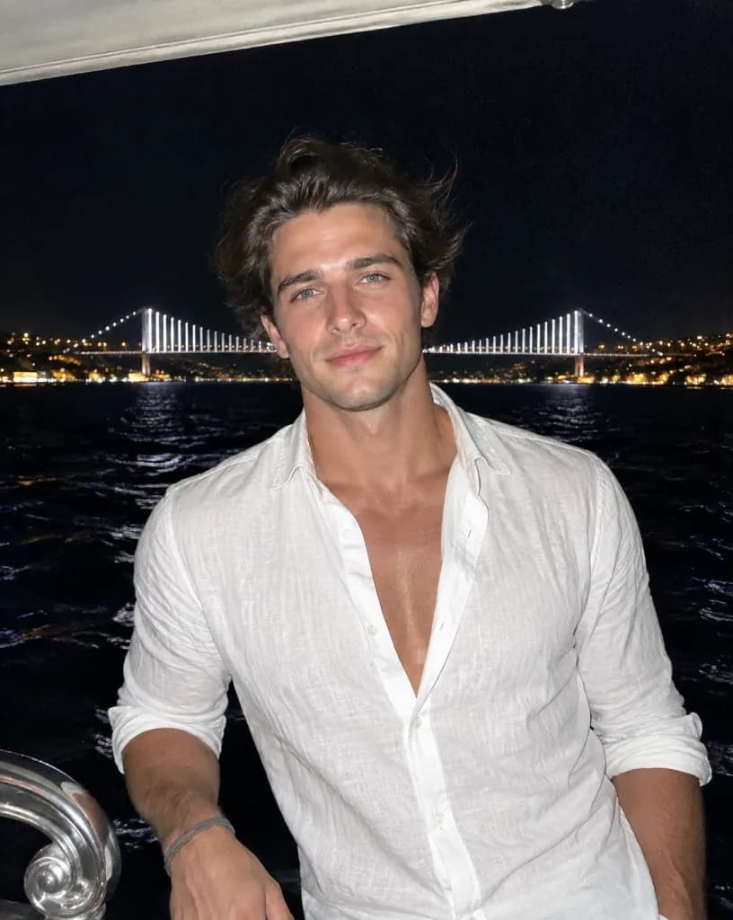Night Boat Flash Portrait with Illuminated Bridge