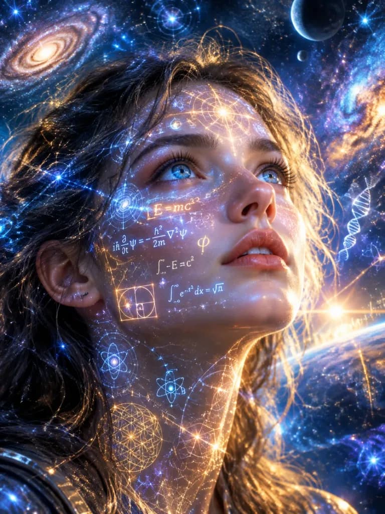 Visionary Portrait with Glowing Cosmic Equations