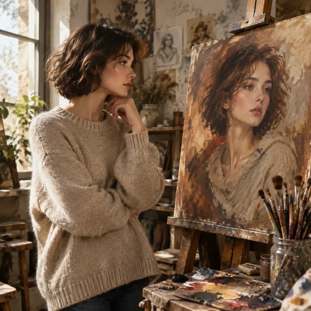 Woman Observing Her Oil Portrait