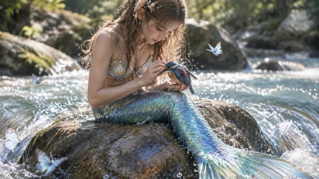 Mermaid Tending an Injured River Bird
