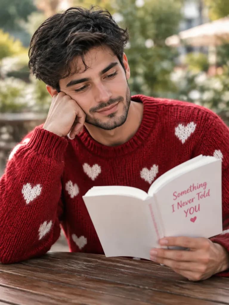屋外のテーブルで読書する若い男性
