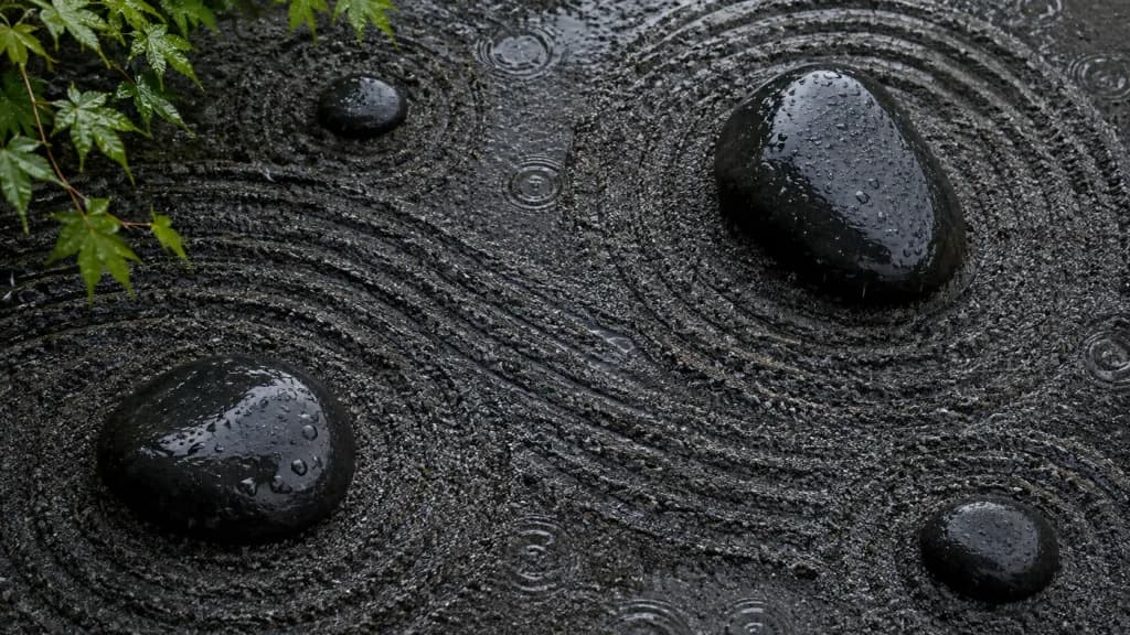 雨の枯山水を真上から捉えた風景