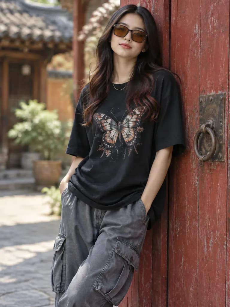 素朴なドアの前のストリートファッションポートレート