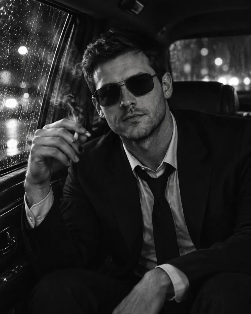 Cinematic Noir Man in Luxury Car