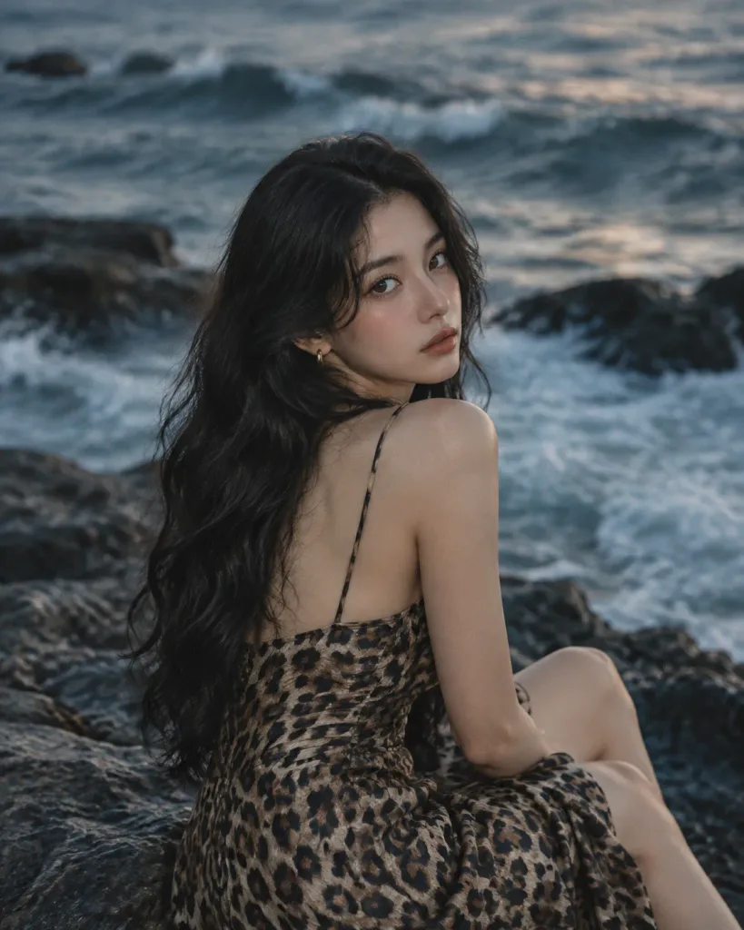 해안가 암석 위의 레오파드 슬립 드레스 화보