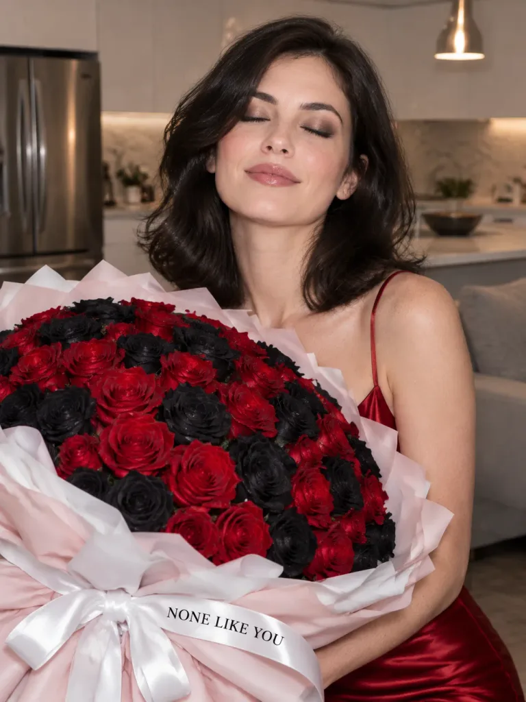 バラの花束を持つフラッシュポートレート
