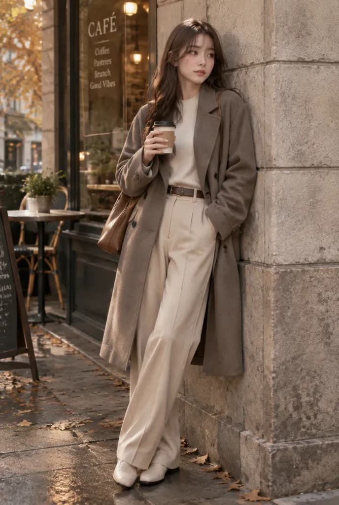 Woman in Autumn Coat at Café