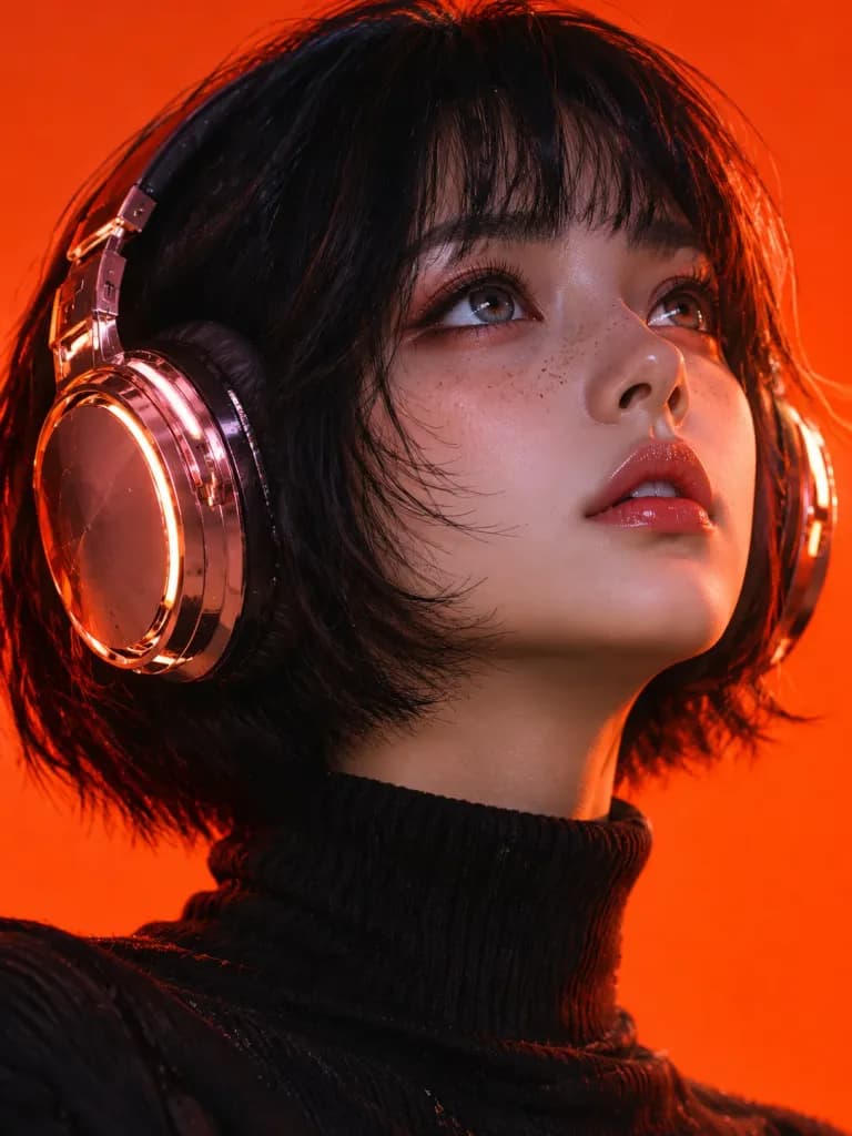 メタリックヘッドホンのサイバーパンク女性