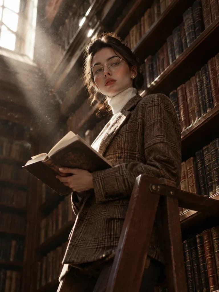 Портрет на библиотечной лестнице в стиле Dark Academia