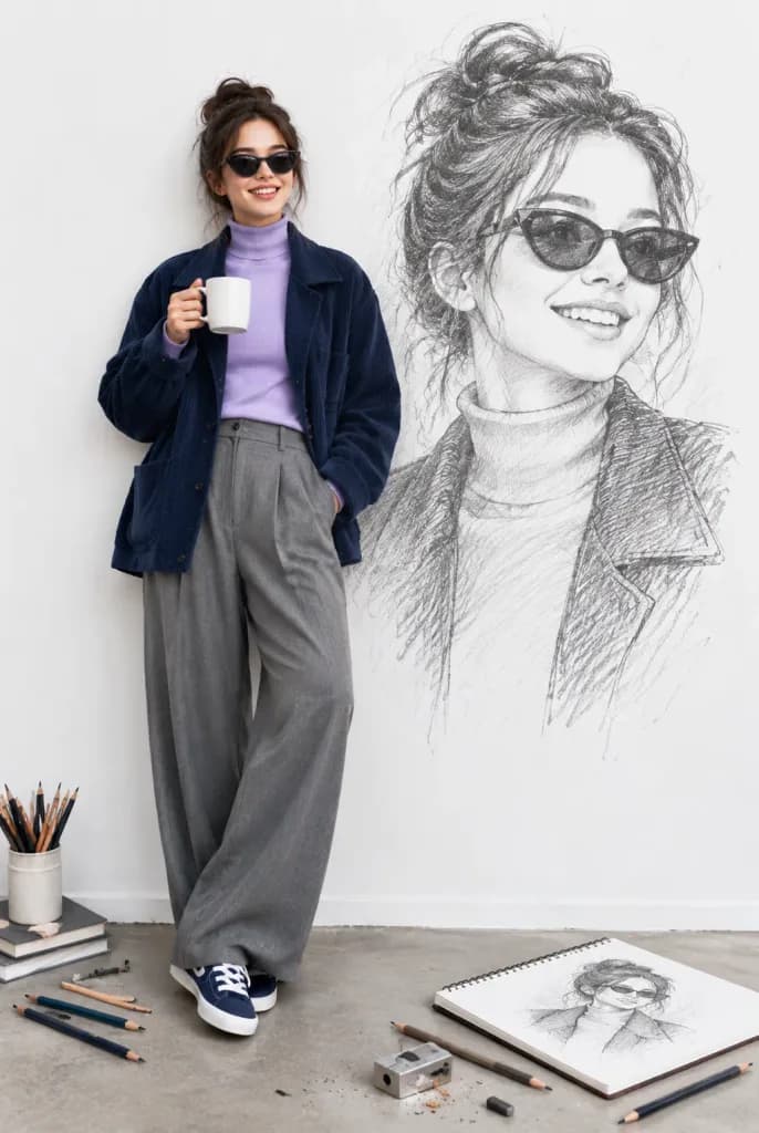 Woman Beside Life-Size Wall Sketch