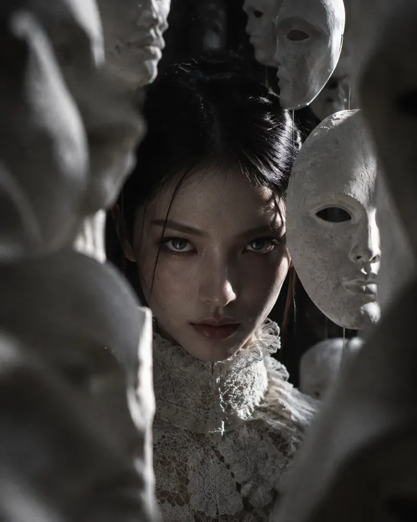 Floating Porcelain Masks Editorial Portrait