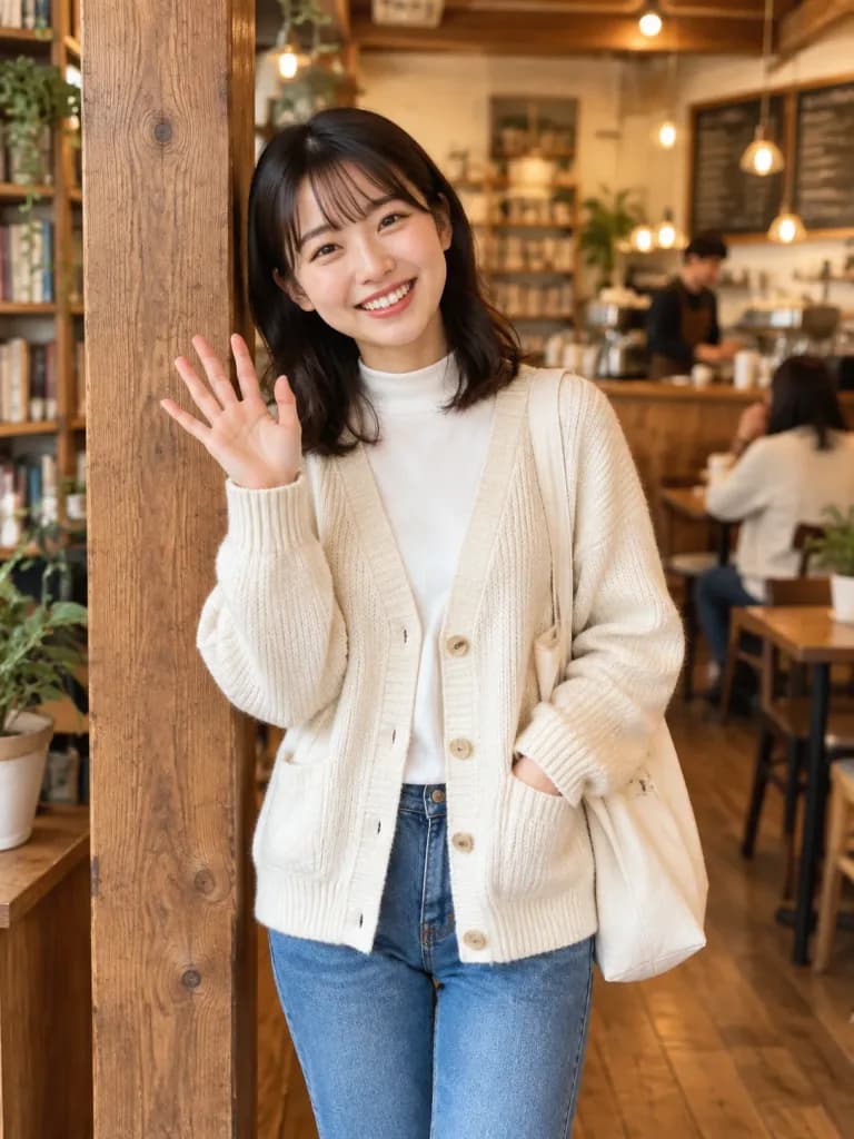 温馨咖啡馆里挥手的年轻女性