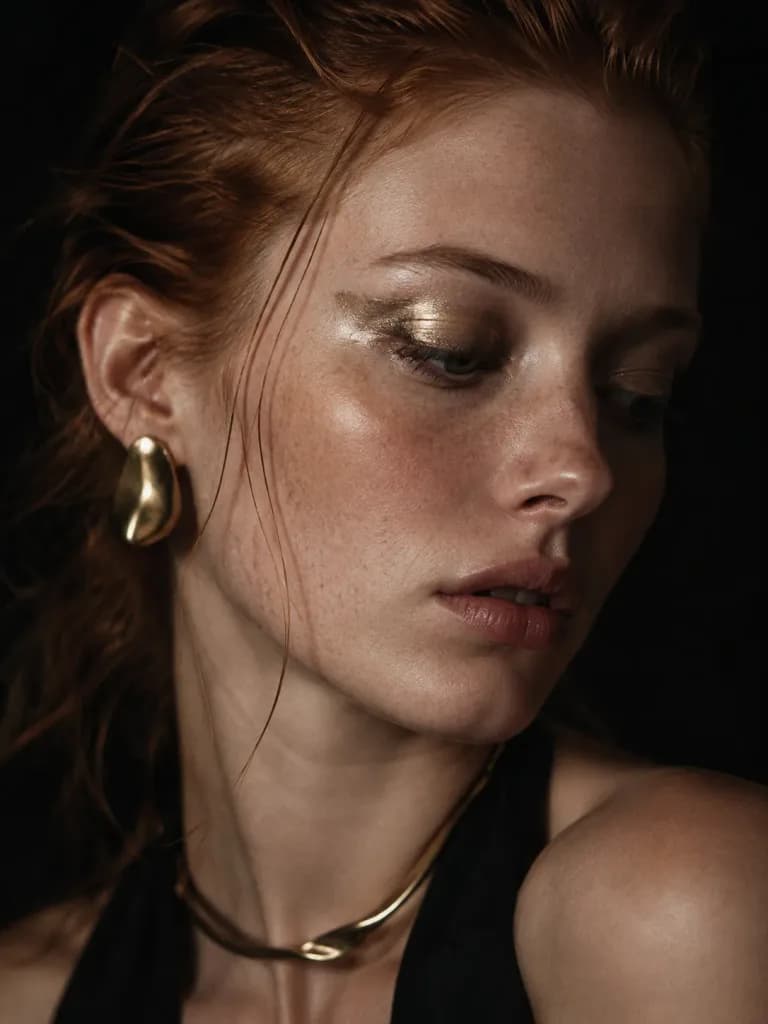 Editorial Freckled Portrait with Gold Makeup