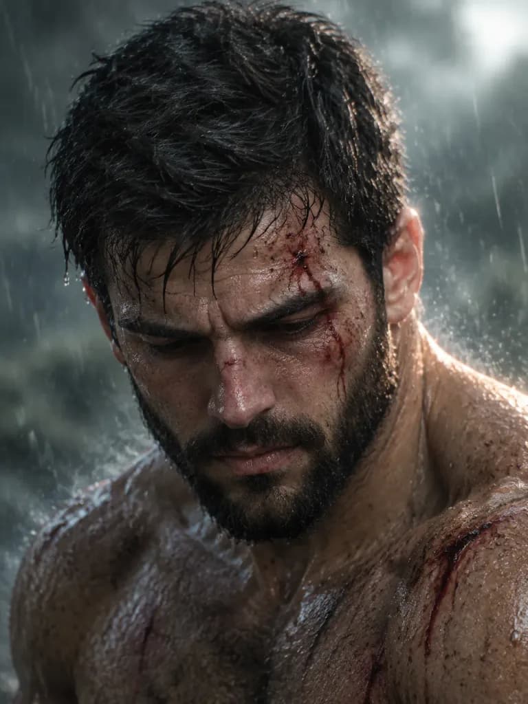 Exhausted Battle-Worn Fighter in Rain
