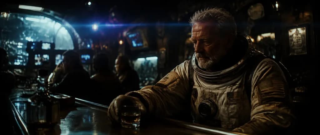 Cinematic Old Astronaut in Futuristic Bar