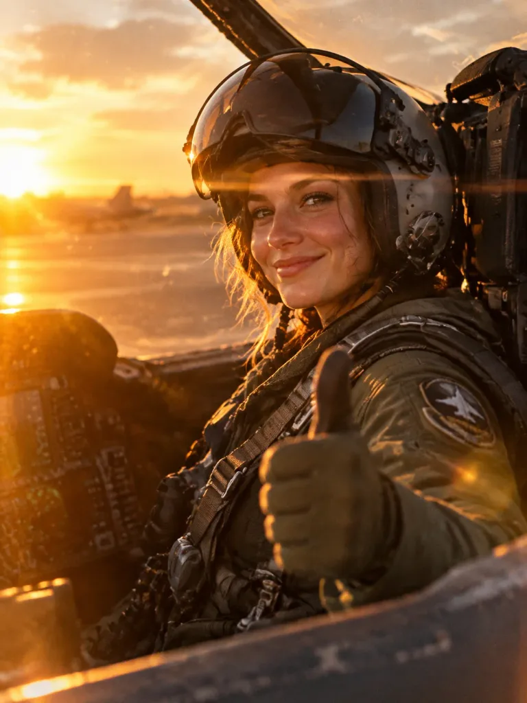 夕陽座艙女性戰鬥機飛行員肖像