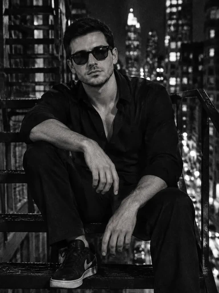 B&W Night Fire Escape Fashion Portrait