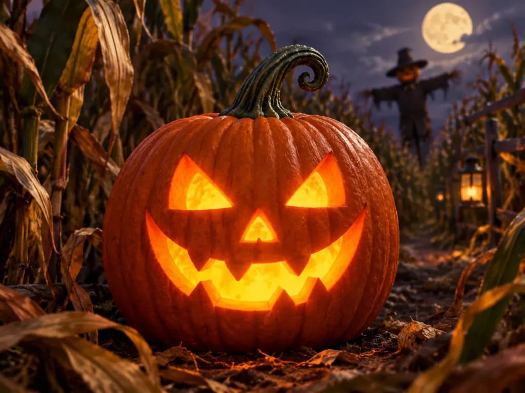 Glowing Jack-o'-Lantern in Cornfield