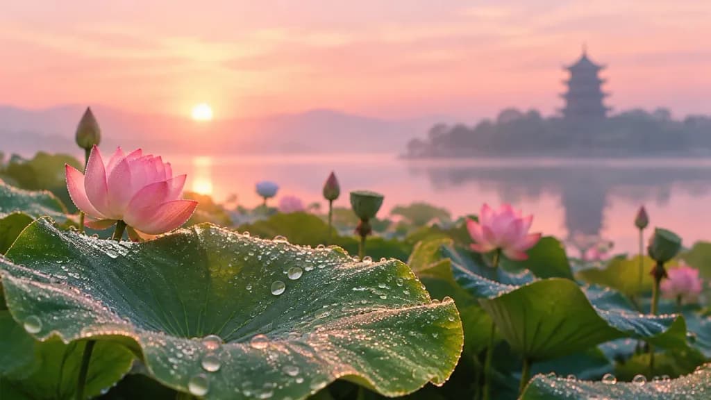 Dewy Lotus Leaves at Sunrise