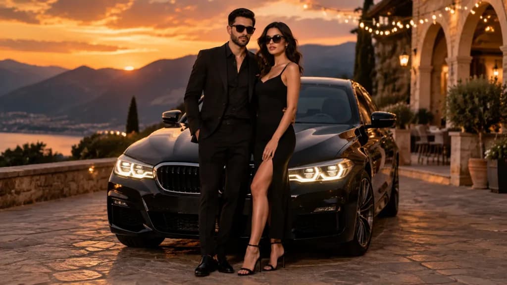 Fashion Couple with Luxury Sedan at Sunset