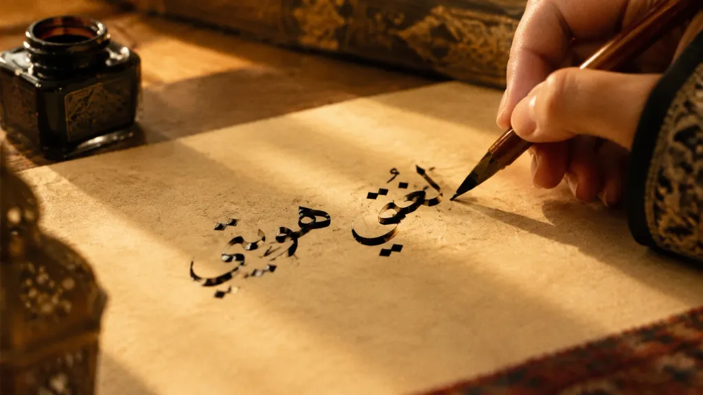 ภาพระยะใกล้ลายมืออักษรอาหรับบนกระดาษพาร์ชเมนต์