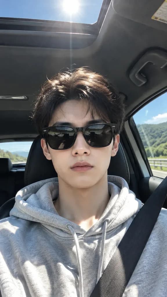 陽光が差し込む車内の男性ポートレート