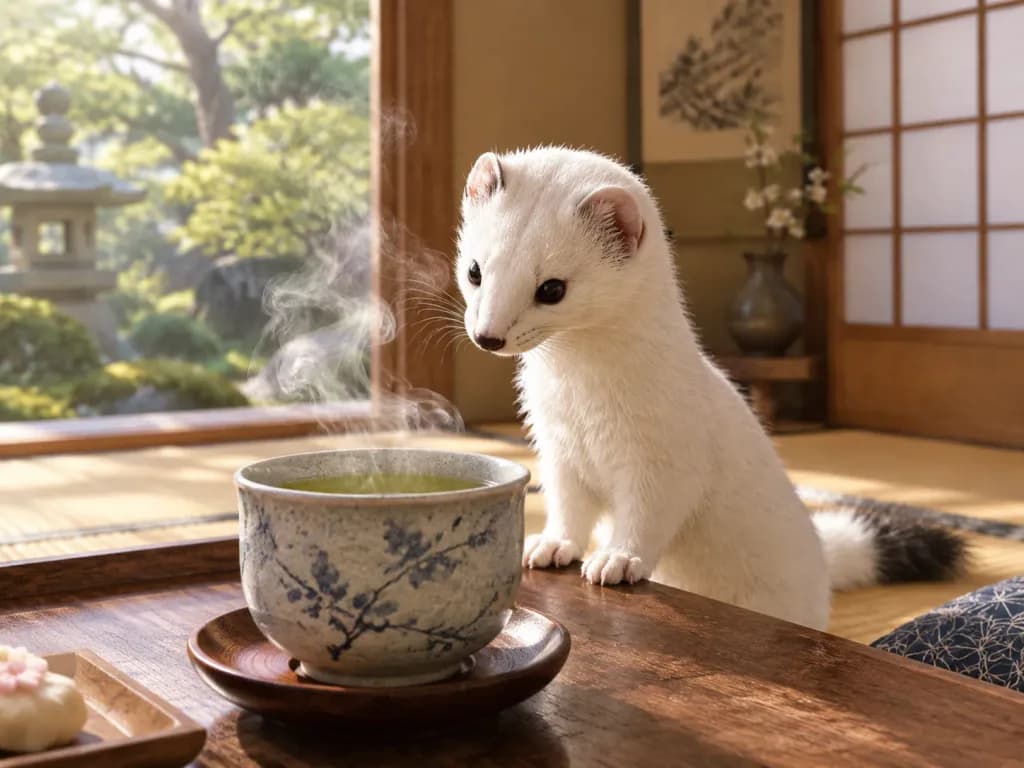 お茶の湯気を見つめるオコジョ